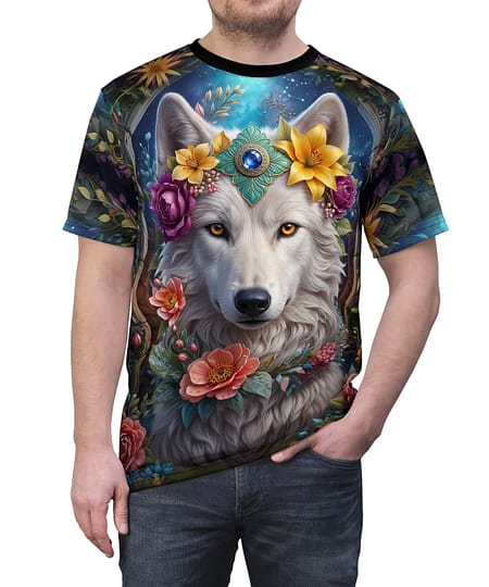 Vibrant Wolf Floral Tee — Mystical Wolf With Flower Crown All-Over Print – eye-catching full print casual top