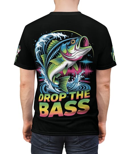Vibrant Drop the Bass Fishing Tee — Retro Bass Fish Graphic T-Shirt – eye-catching full print casual top