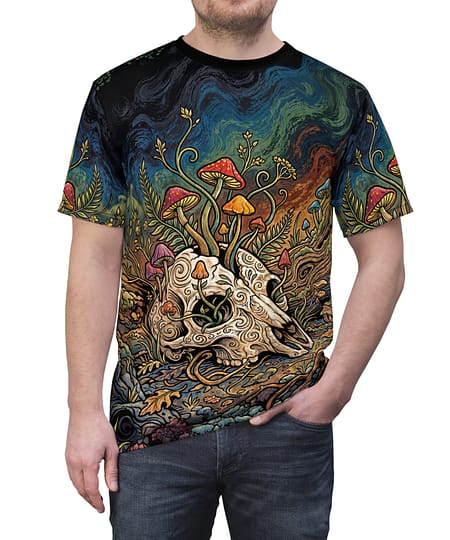 Premium Skull & Mushroom All-Over Print Tee — Psychedelic Nature Graphic T-Shirt – soft all-over print unisex tee