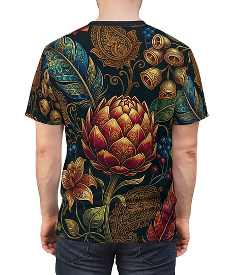 Premium Floral Baroque All-Over Print Tee — Ornate Lotus & Feather Pattern – soft all-over print unisex tee