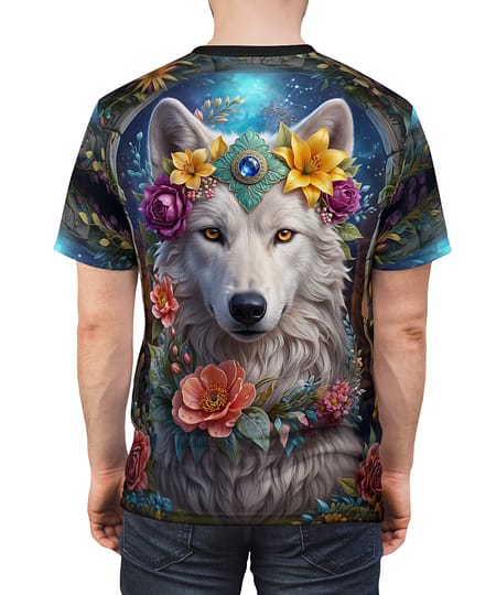 Vibrant Wolf Floral Tee — Mystical Wolf With Flower Crown All-Over Print – eye-catching full print casual top