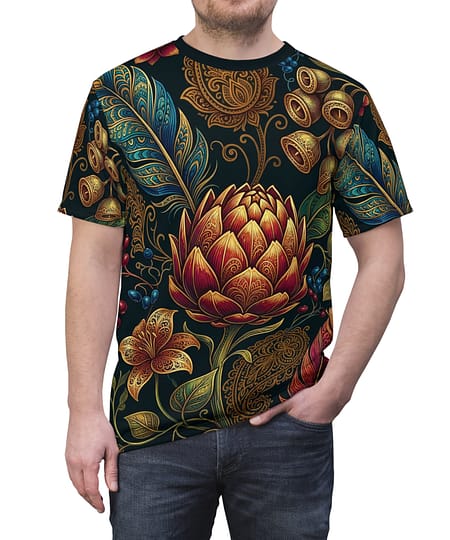 Premium Floral Baroque All-Over Print Tee — Ornate Lotus & Feather Pattern – soft all-over print unisex tee