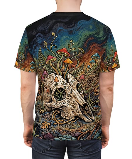 Premium Skull & Mushroom All-Over Print Tee — Psychedelic Nature Graphic T-Shirt – soft all-over print unisex tee