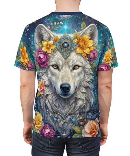 Stylish Mystical Wolf Floral Tee — Spiritual Wolf AOP All-Over Print T-Shirt – durable everyday unisex apparel