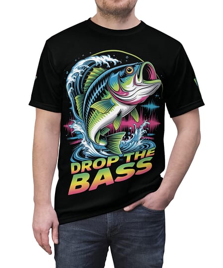 Vibrant Drop the Bass Fishing Tee — Retro Bass Fish Graphic T-Shirt – eye-catching full print casual top