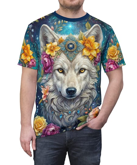 Stylish Mystical Wolf Floral Tee — Spiritual Wolf AOP All-Over Print T-Shirt – durable everyday unisex apparel